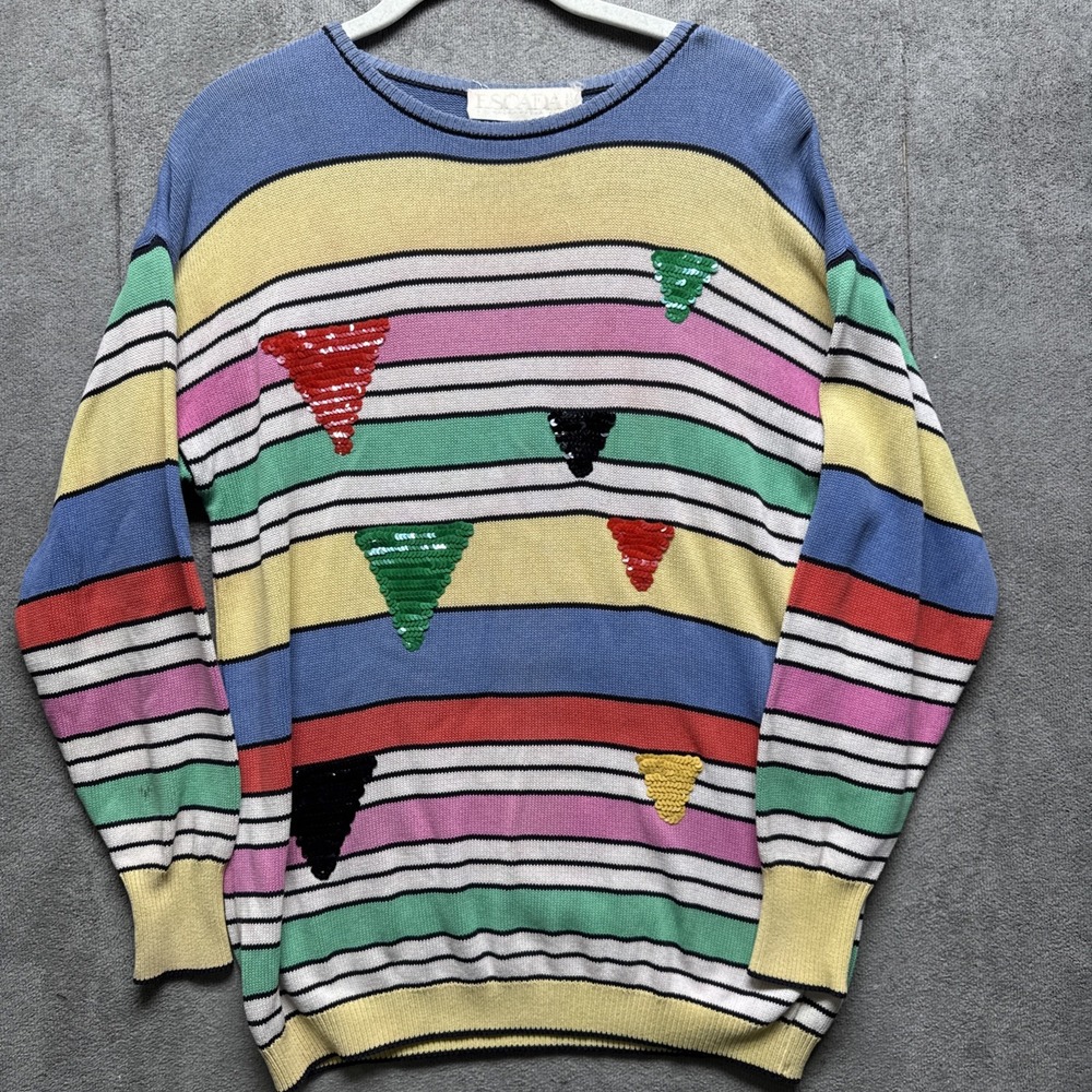 Escada by Margaretha Ley Sweater 36‎ S Stripe Sequin Triangles Vtg 80s Preppy